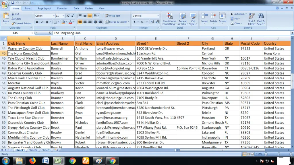 Country Clubs Contacts List